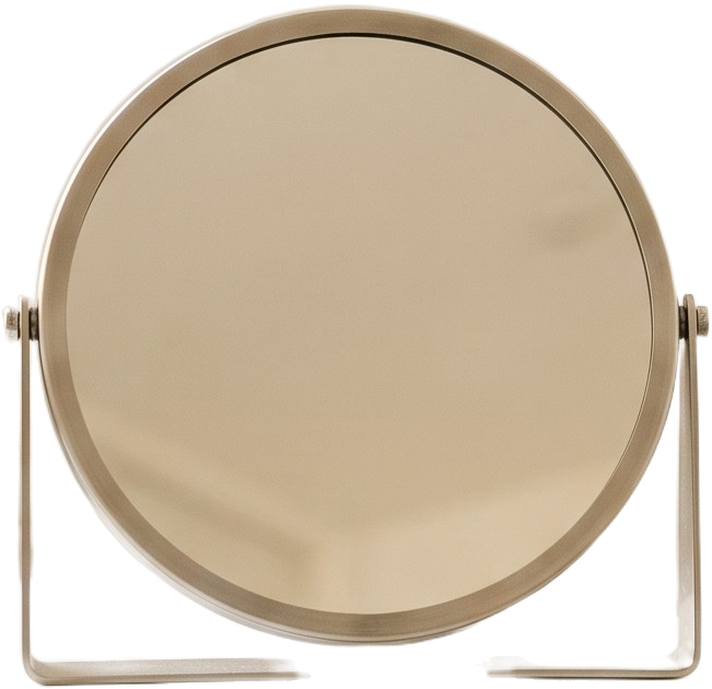 The round steel-rimmed mirror that stands on the table between my two chairs