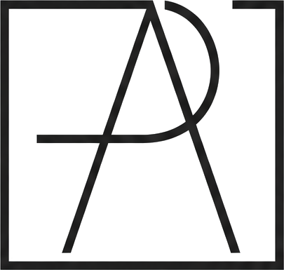 The Dr Paree monogram: a P and an A sharing one line inside a thin square