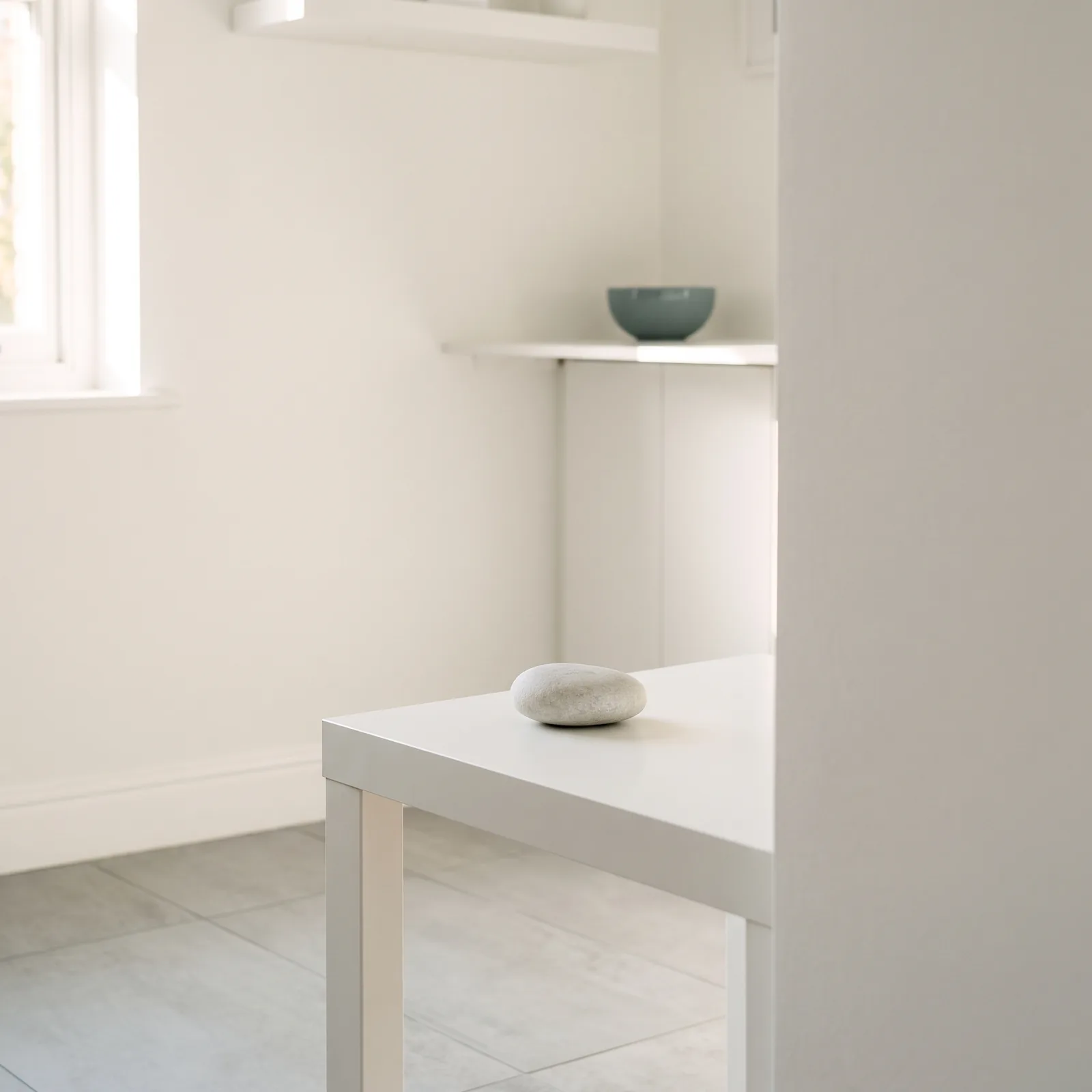 One smooth river stone on my white table