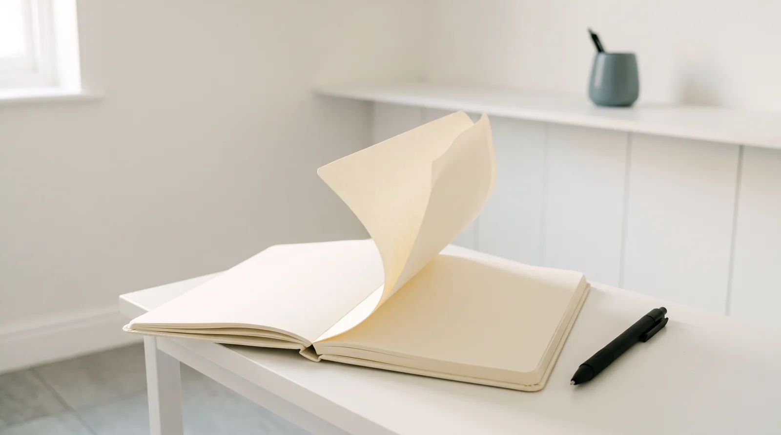 A blank cream notebook page mid-turn beside a black pen